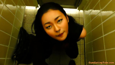 Naughty Japanese chick sucking in a public restroom